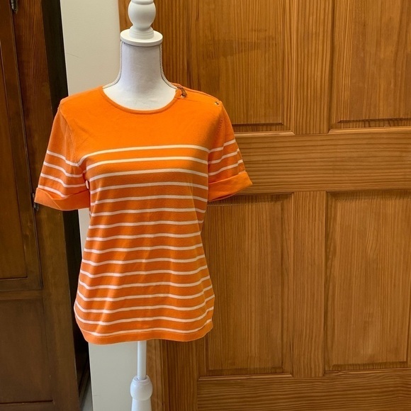 Lauren Ralph Lauren Tops - Lauren Ralph Lauren exclusive orange striped top shoulder zip close w/logo large